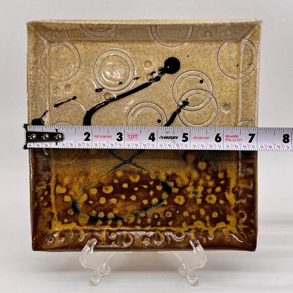 Handmade Artist Signed Art Pottery Square Plate Dish Tan Brown 7.5" Rico - Picture 7 of 7